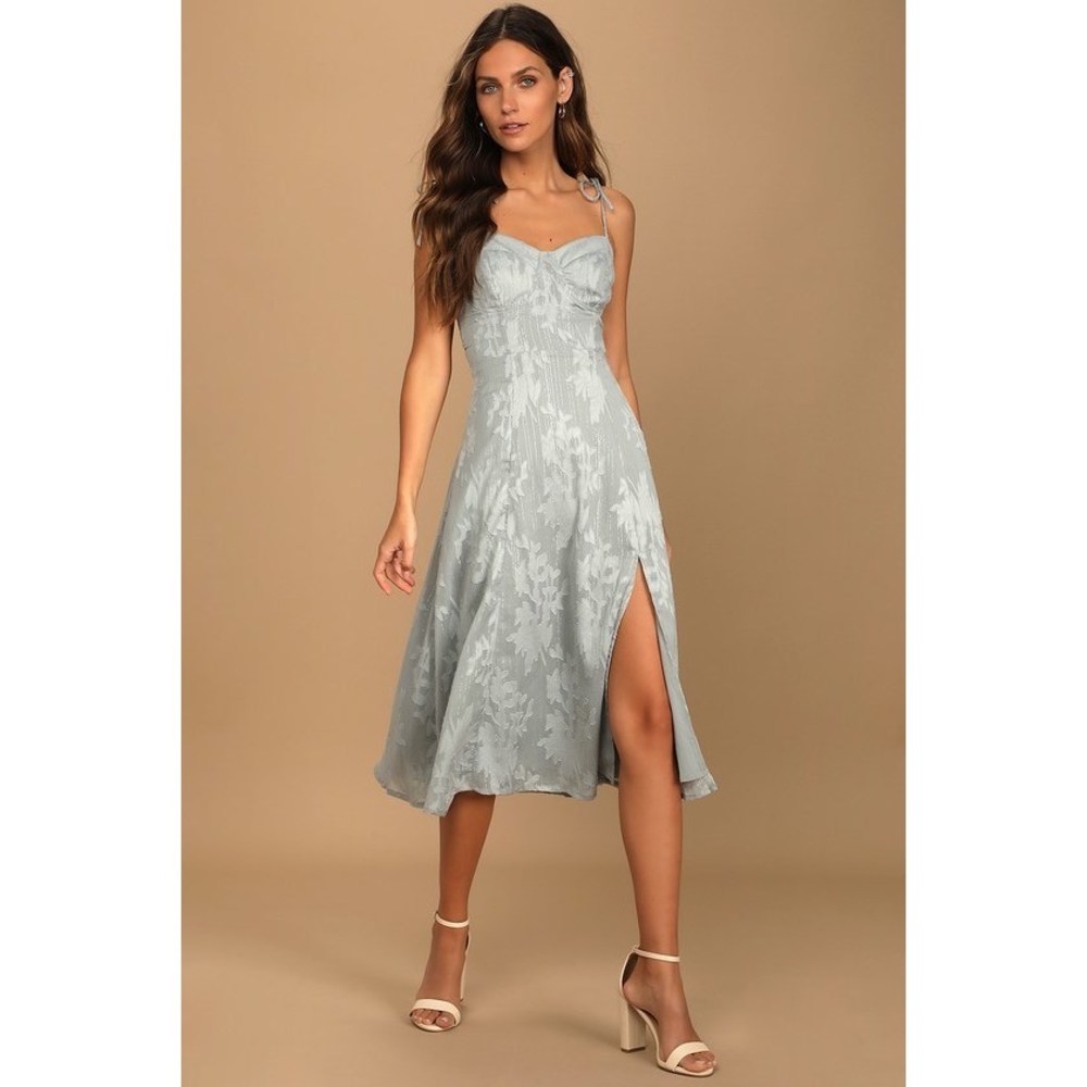 Lulus Loveliest Looks Dusty Blue Floral Jacquard Tie-strap Midi Dress - Size S